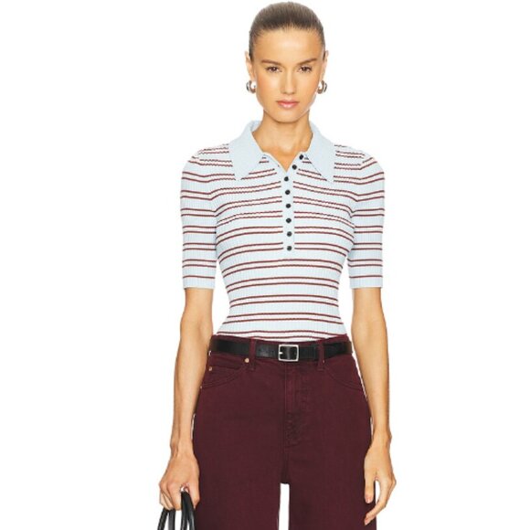 A.L.C. Sydney Polo Top Ice Water/Sequoia Striped Knit – Size XL - Picture 1 of 11